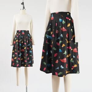 Vintage 80s Black Hat Novelty Print Full Flowy Pleated Midi Skirt Pockets M L